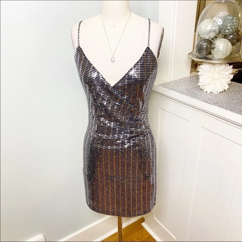 NWT Silver Sequin Mini Dress Sexy Bling Party Dress Medium - Picture 5 of 12